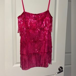 Hot Pink Sequin Fringe Mini Dress | Large